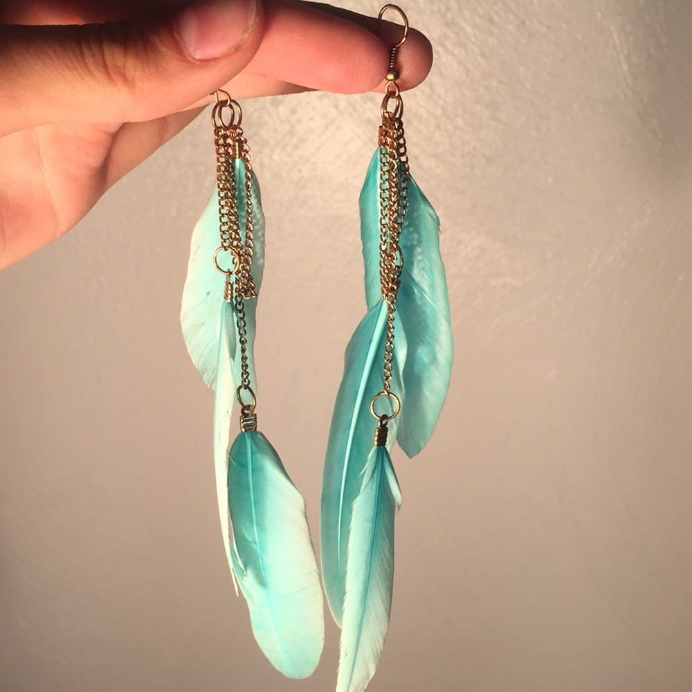 Teal feather earrings